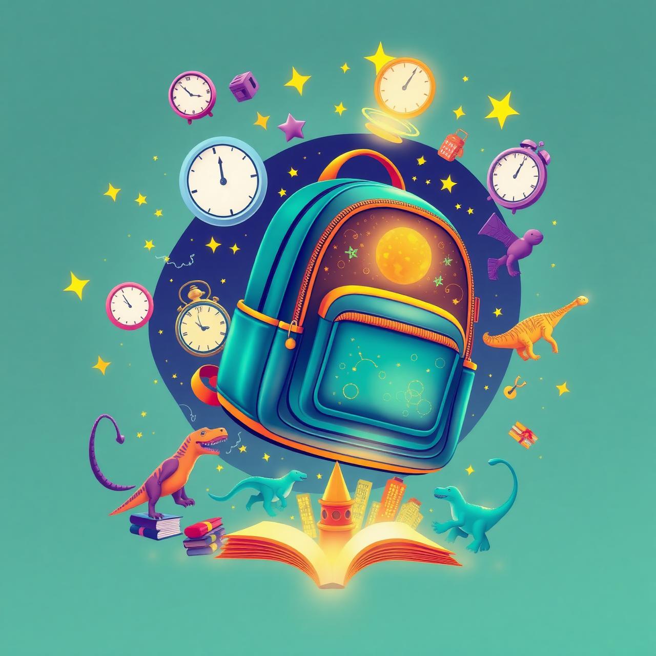 Magical Time Travel Backpack with clocks, dinosaurs and a future city